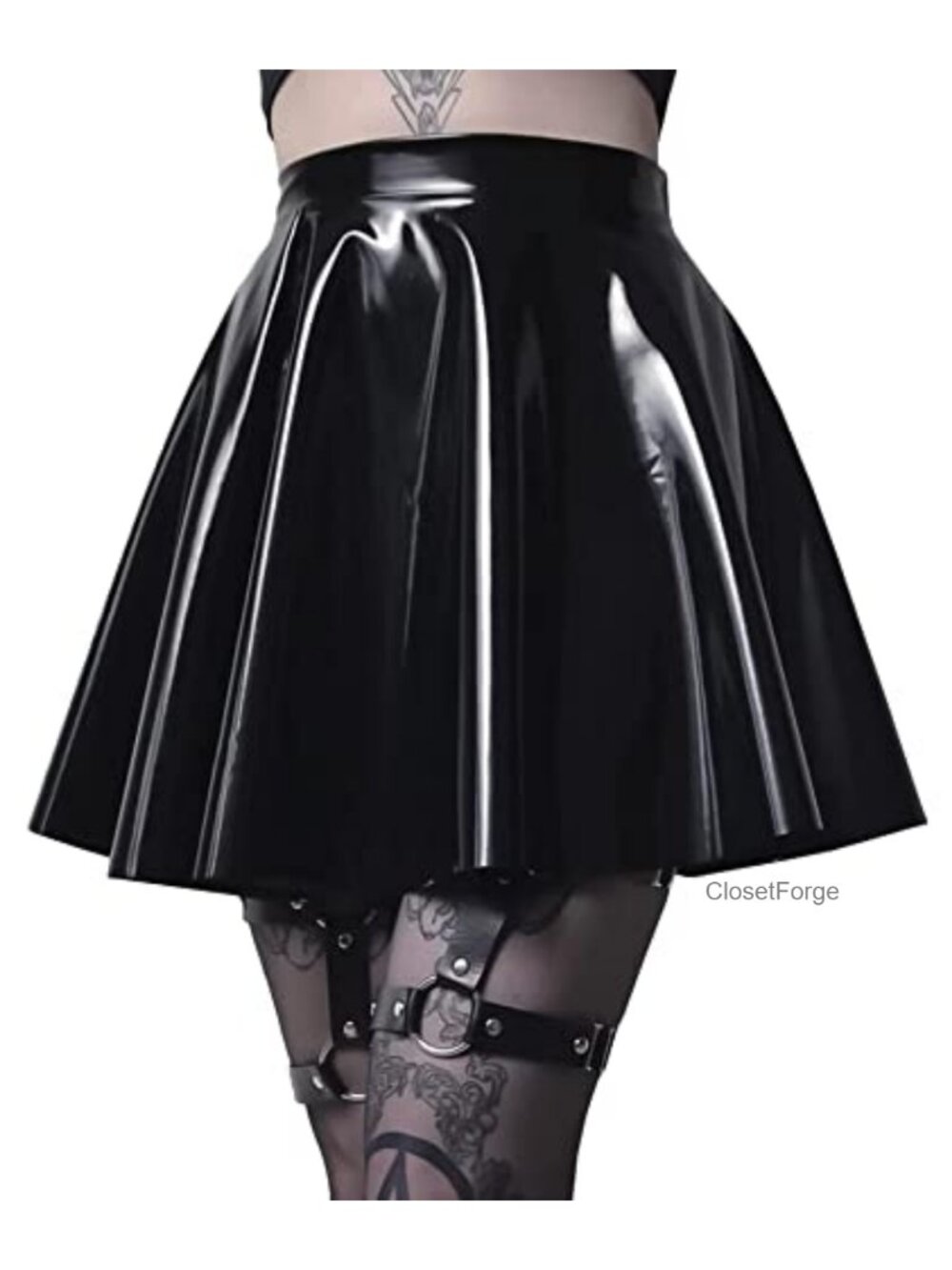 Women's High Rise Pleated Skater Skirt PVC PU Leather Shiny Wet Look Flared A